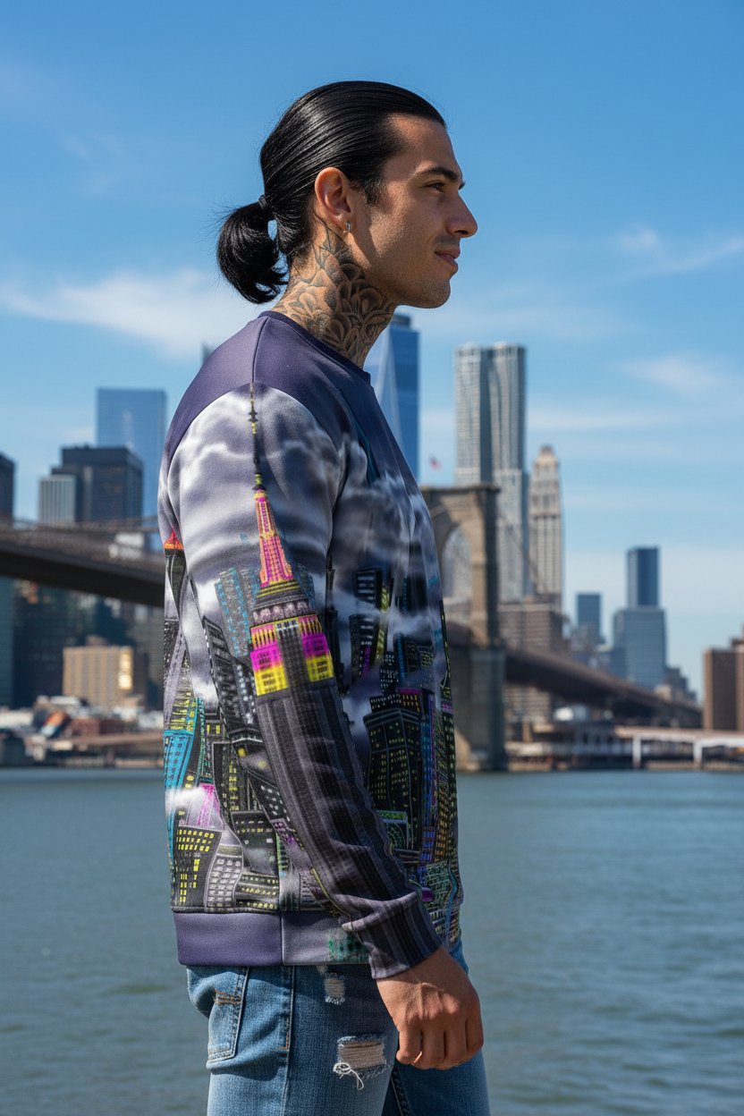 Man wearing Loria NYC Art sweatshirt with a cityscape design in an urban setting.