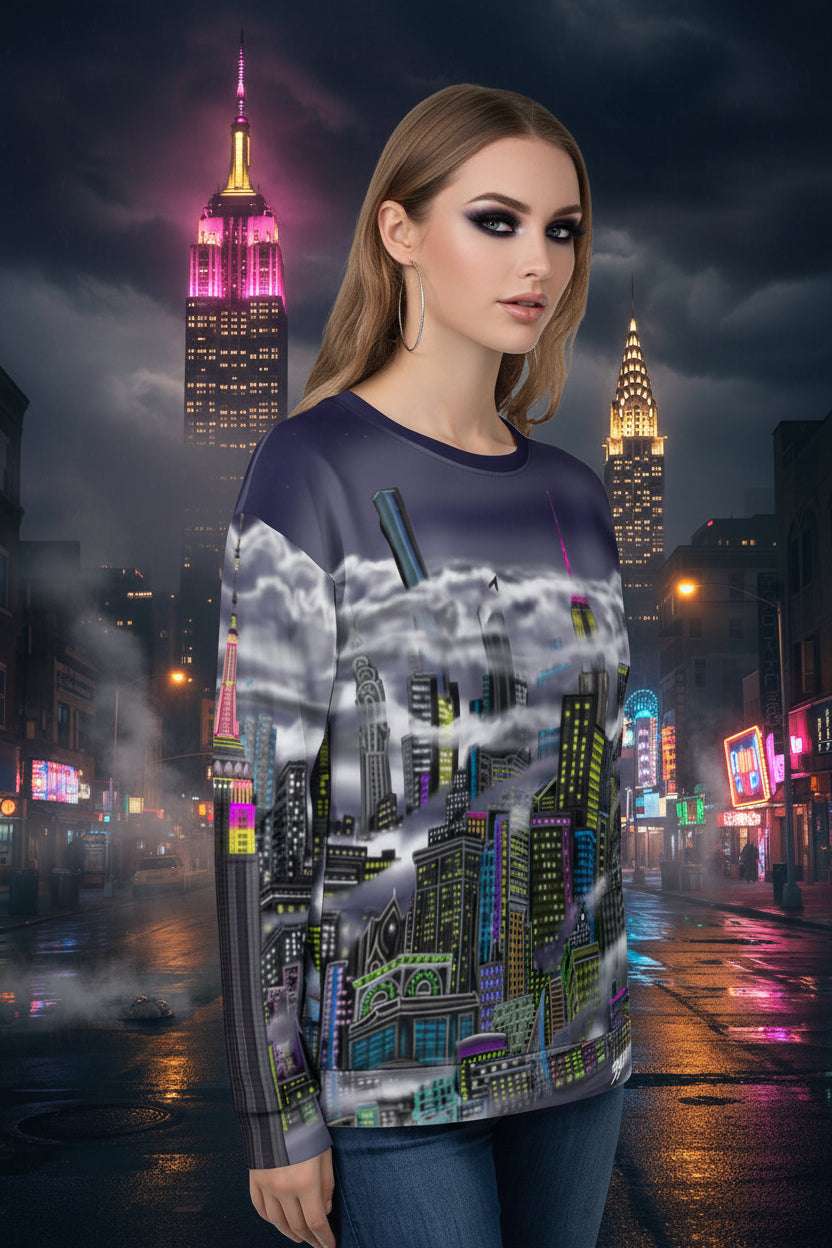 Person wearing a sweater designed by Loria NYC Art with a cityscape design on a urban background