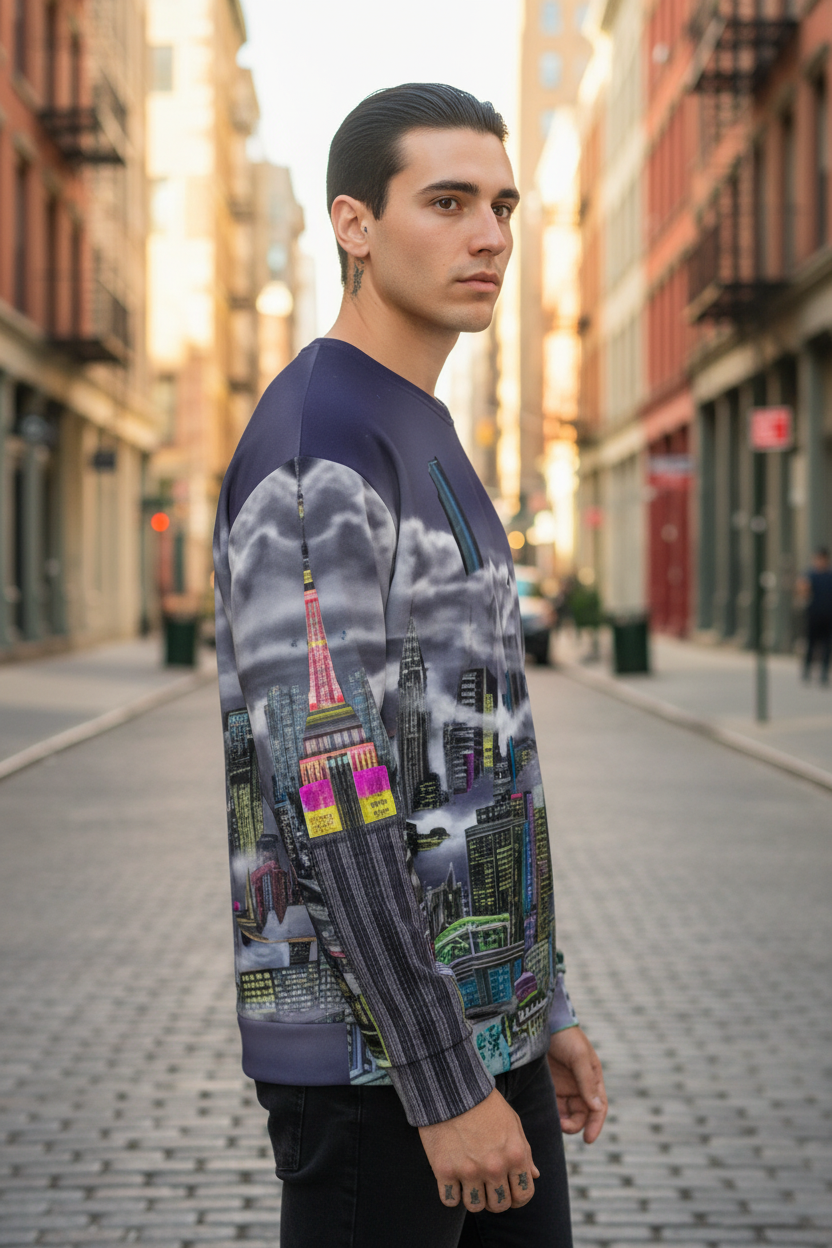 Man wearing a sweater with a Loria NYC Art cityscape design on a city street