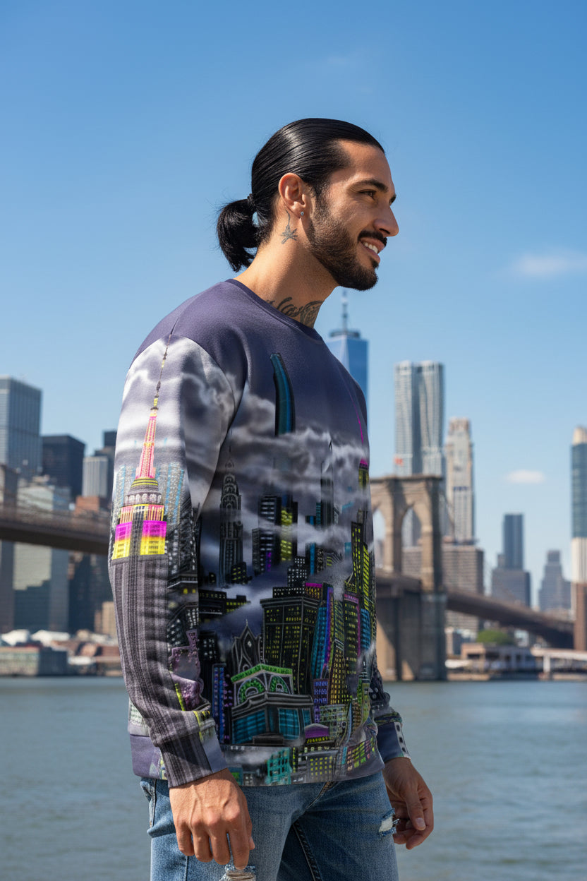 Person wearing a sweater designed by Loria NYC Art with a cityscape design on a  urban background