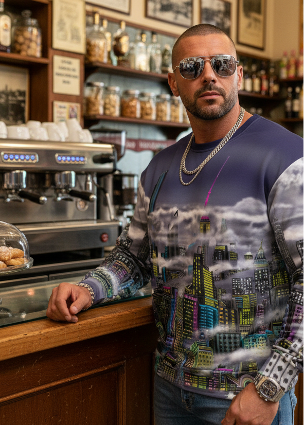 Man standing at a  counter in a coffee shop with various items on shelves and a wearing a Loria NYC Art designed sweatshirt.