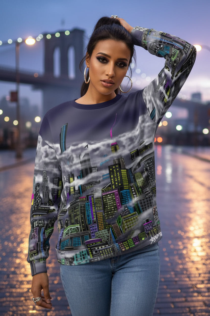 Girl wearing sweatshirt designed by Loria NYC Art with a cityscape design on a urban background
