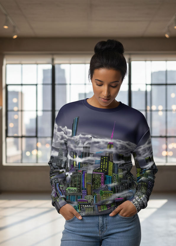 Girl wearing sweatshirt designed by Loria NYC Art with a cityscape design in a room 