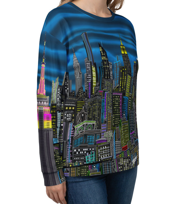 Person wearing Back of Colorful cityscape sweatshirt designed by Loria NYC Art on a white background