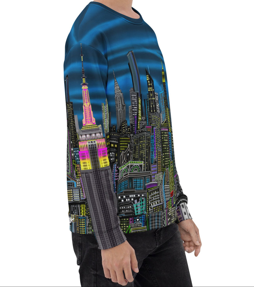 Man wearing a colorful cityscape sweatshirt designed by Loria NYC Art On a white backround