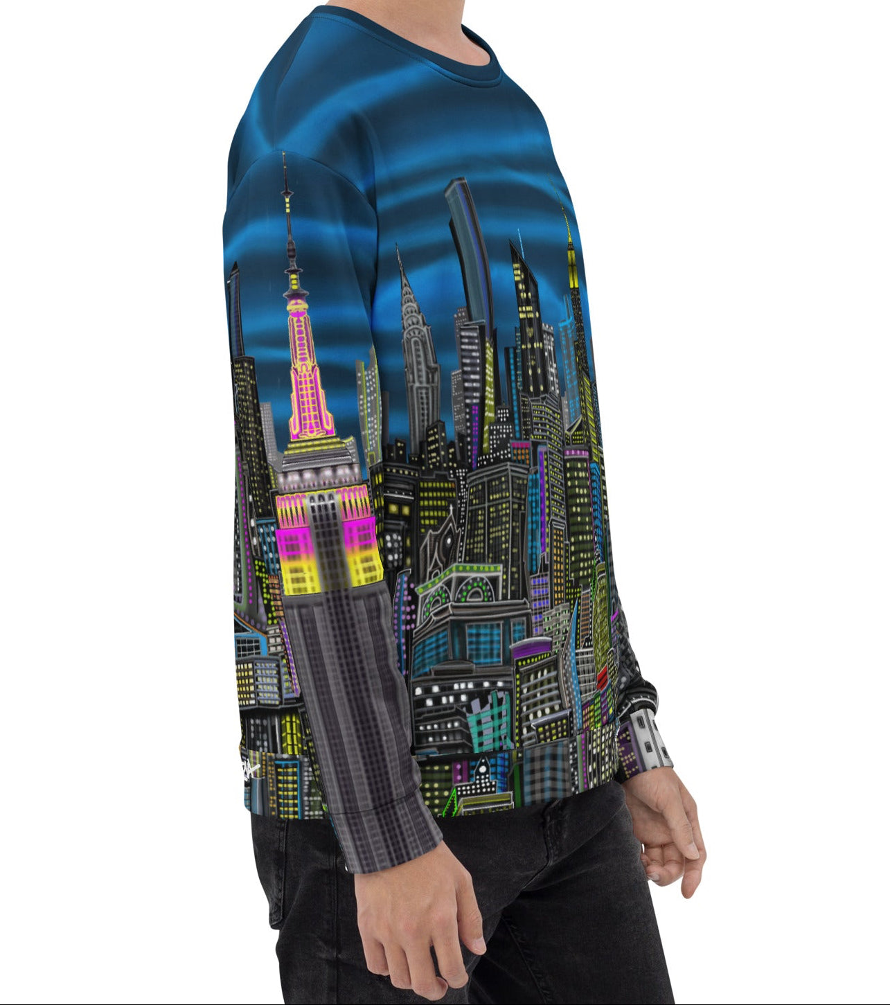 Man wearing a colorful cityscape sweatshirt designed by Loria NYC Art On a white backround