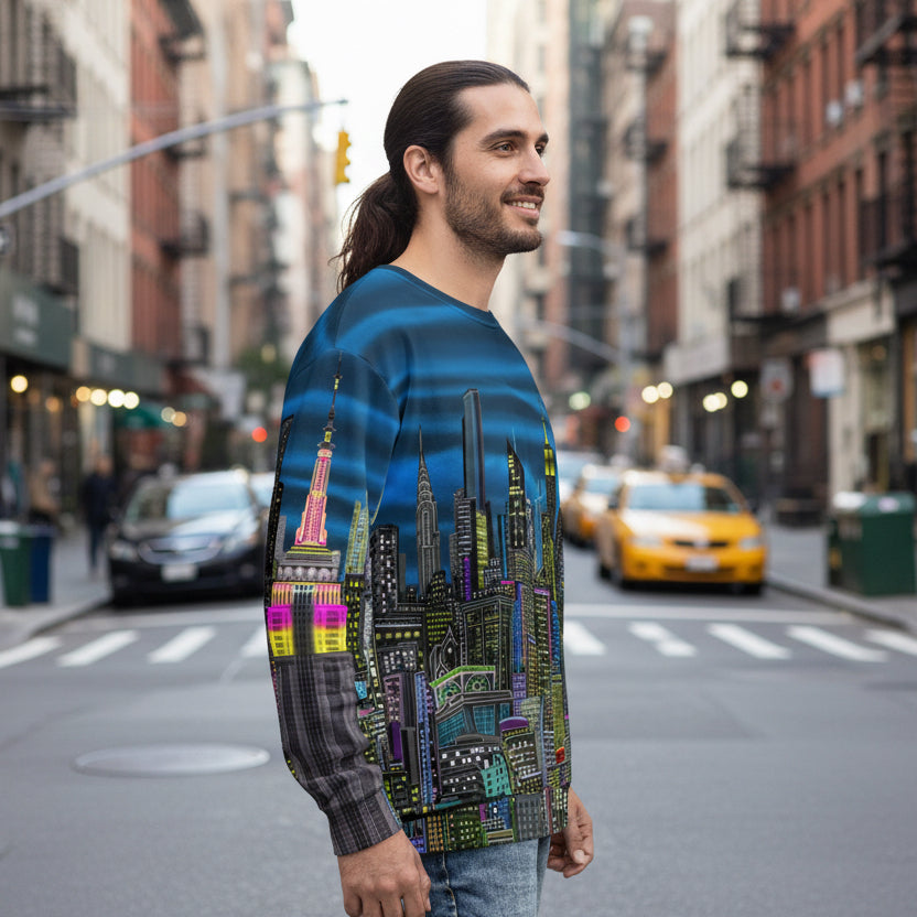 Man wearing a sweater with a cityscape design by Loria NYC Art on beach