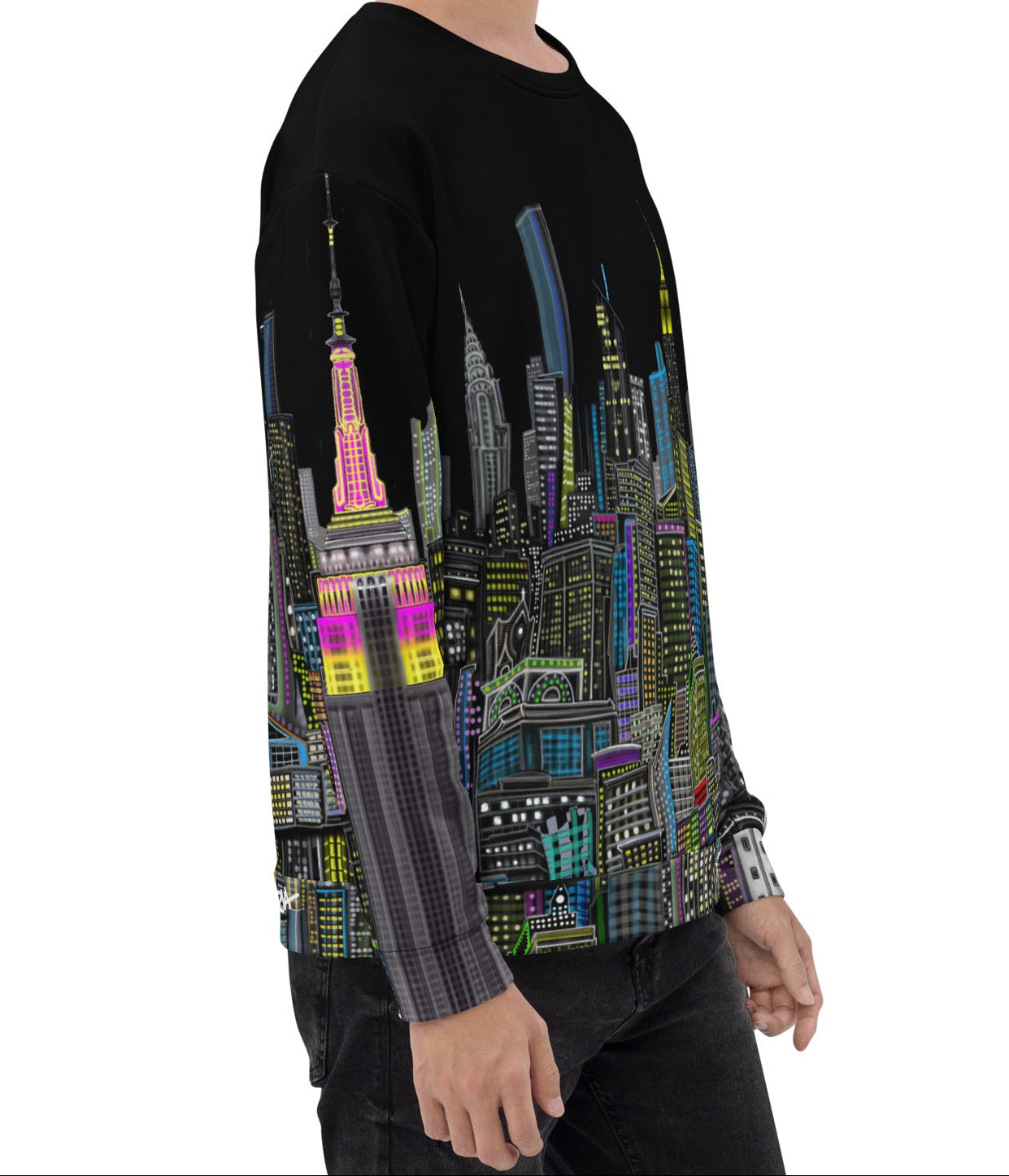 Side view of Person wearing a black sweatshirt with a colorful cityscape design by Loria NYC Art on a white background