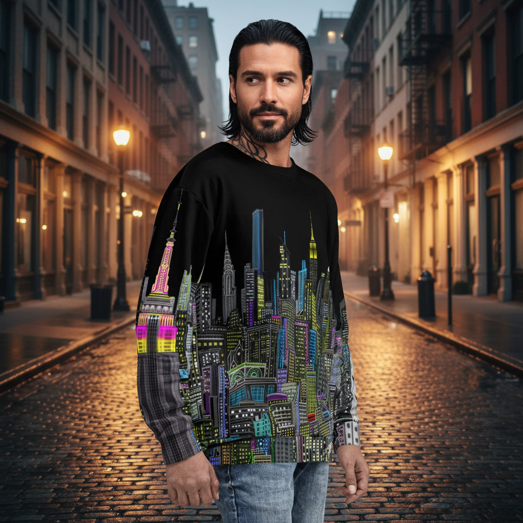 Man wearing a black Loria NYC Art sweatshirt with colorful cityscape design on a urban background