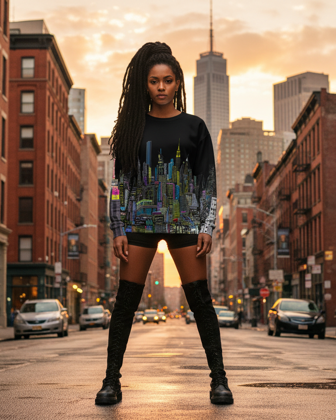 Person standing on a city street with tall buildings in the background wearing a city skyline Loria NYC Art shirt 