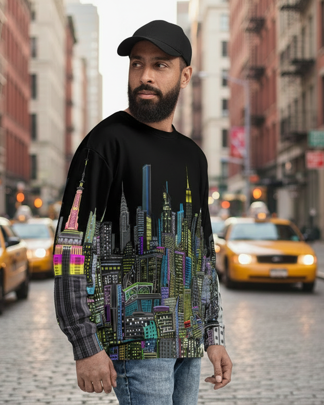 Man standing on a city street wearing a Loria NYC Art shirt with an urban background