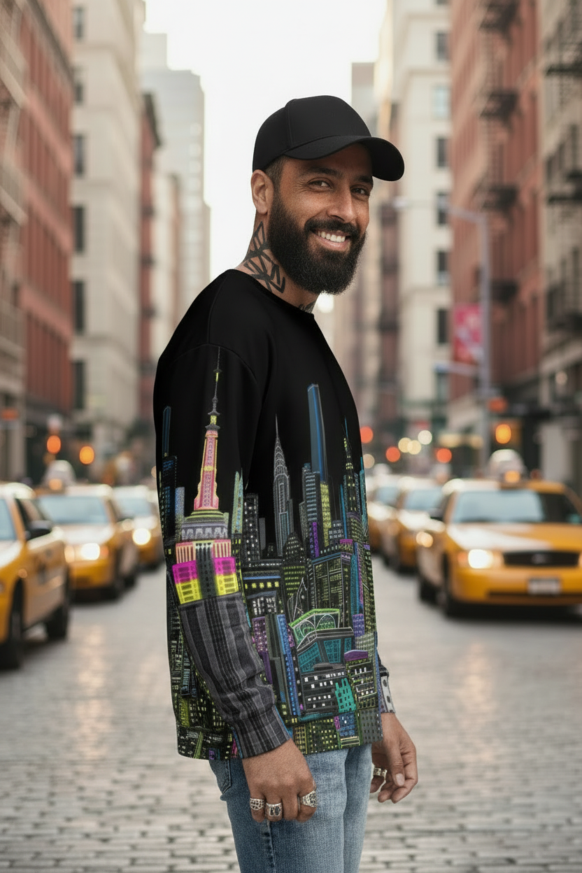 Man wearing a long-sleeve shirt with cityscape Loria NYC Art design on a city street with taxis.
