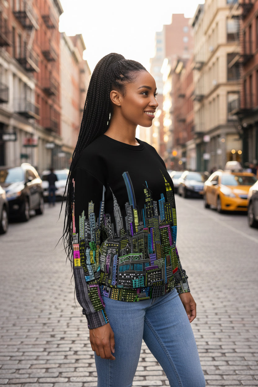 Lady posing for a black sweatshirt with a colorful cityscape design by Loria NYC Art on a white background