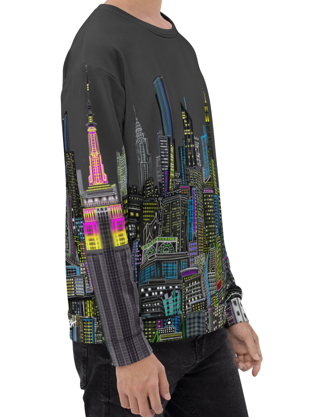 Guy showing side view of Sweatshirt with a charcoal grey sky colorful cityscape design by Loria NYC Art on a white background