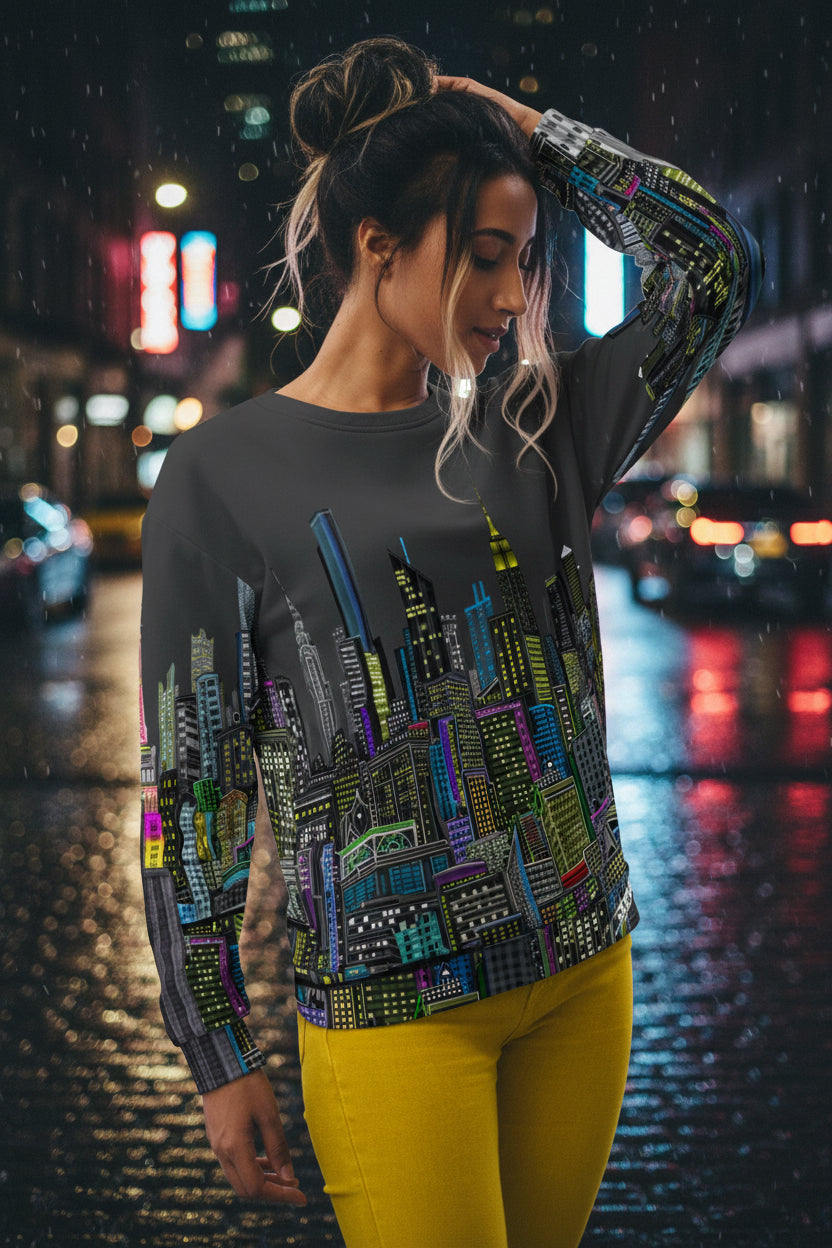 Female posing font side view  of Sweatshirt with a charcoal grey sky colorful cityscape design by Loria NYC Art on a urban background