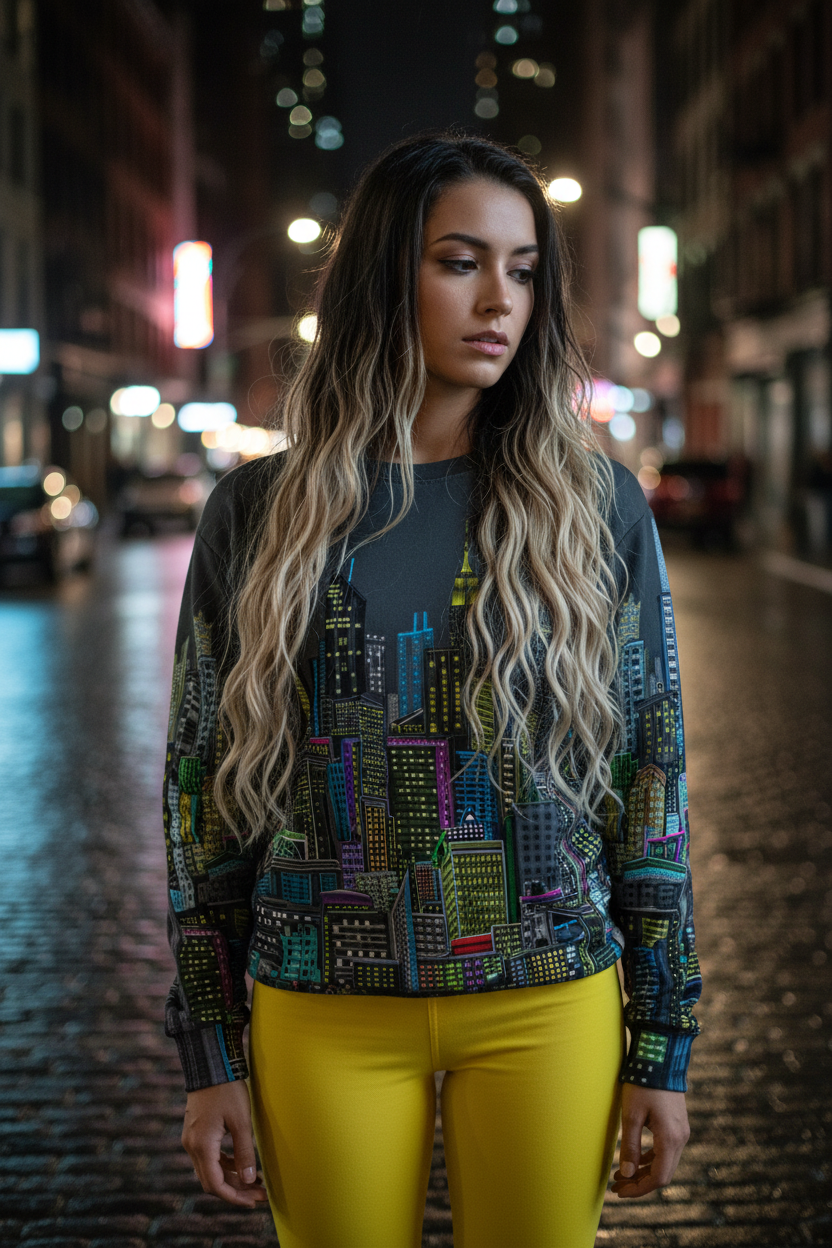 Woman wearing a colorful Loria NYC Art cityscape sweater and yellow pants on a city street at night.