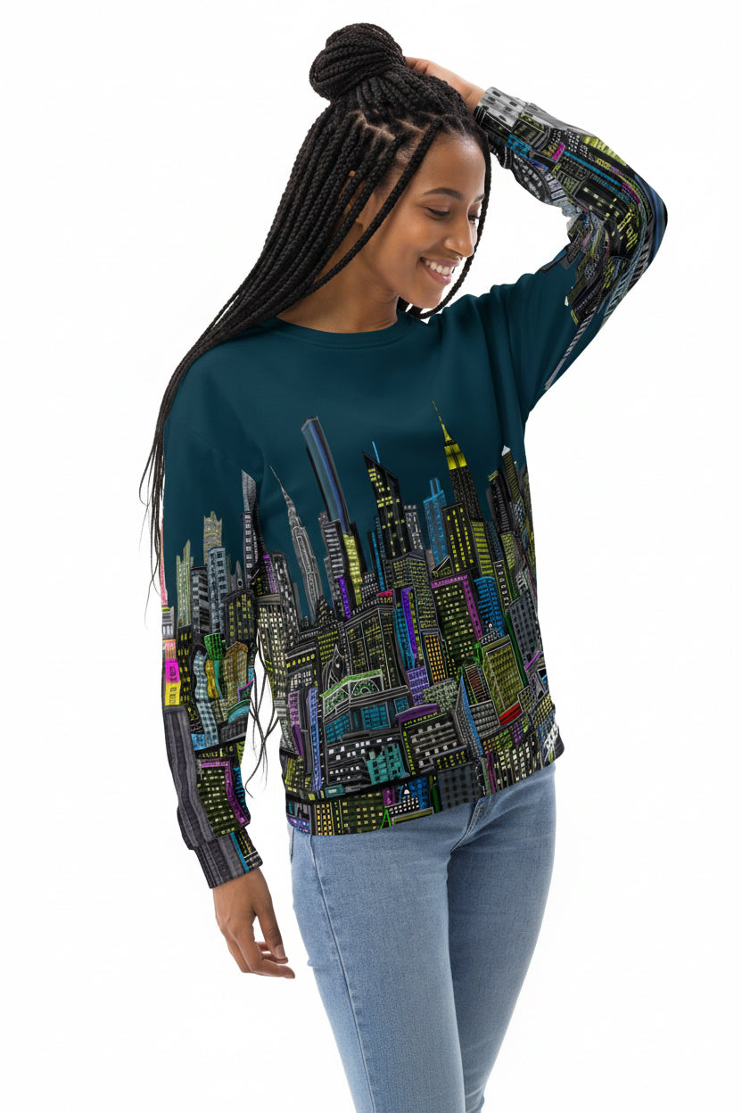 Girl posing in  a long-sleeve blue shirt with a cityscape design by Loria NYC Art on a white background