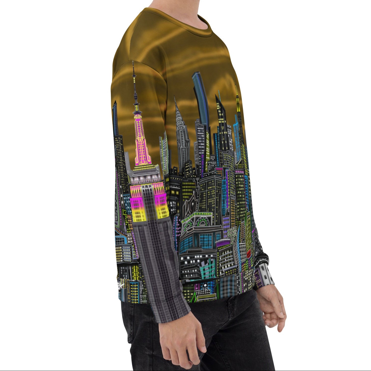 Side of guy wearing a Long-sleeve shirt with a colorful cityscape design by Loria NYC Art on a white background