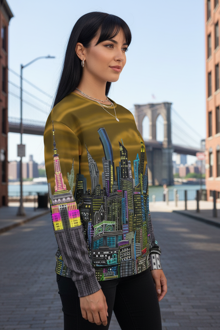Woman wearing a colorful Loria NYC Art cityscape sweatshirt with a bridge in the background