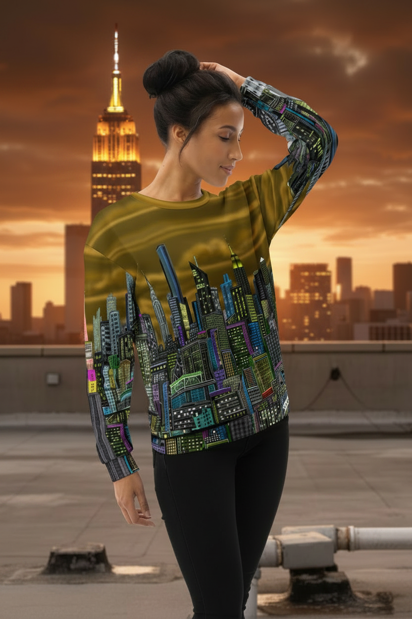 Woman wearing a colorful shirt designed by Loria NYC Art on a rooftop with city skyline in the background