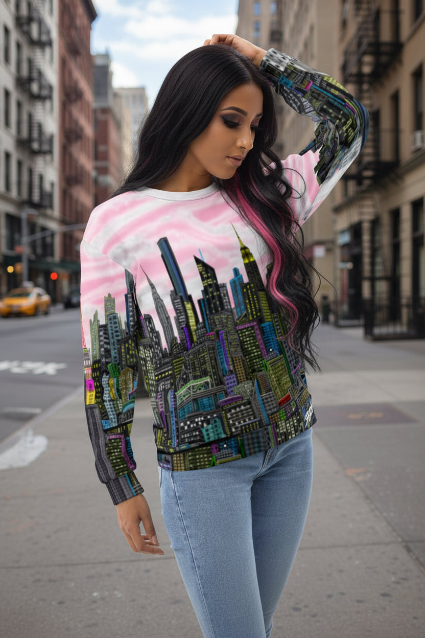 Woman wearing a colorful Loria NYC Art  cityscape sweater on a city street