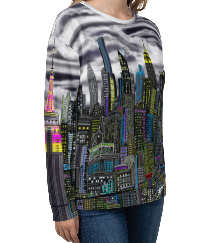 Women wearing Sweatshirt designed by Loria NYC Art with a cityscape design on a white background