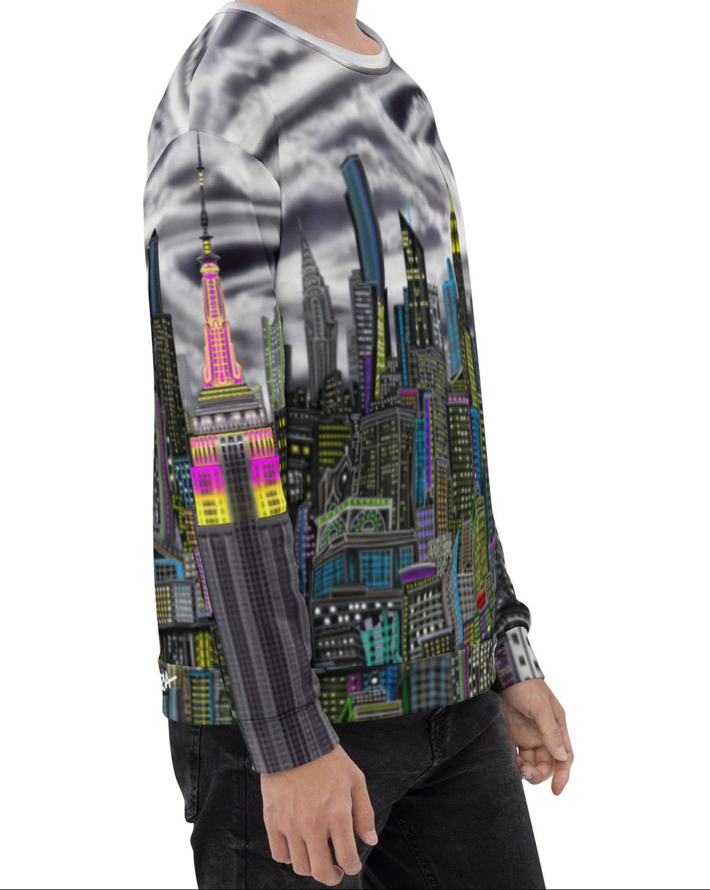 Man wearing Sweatshirt designed by Loria NYC Art with a cityscape design on a white background