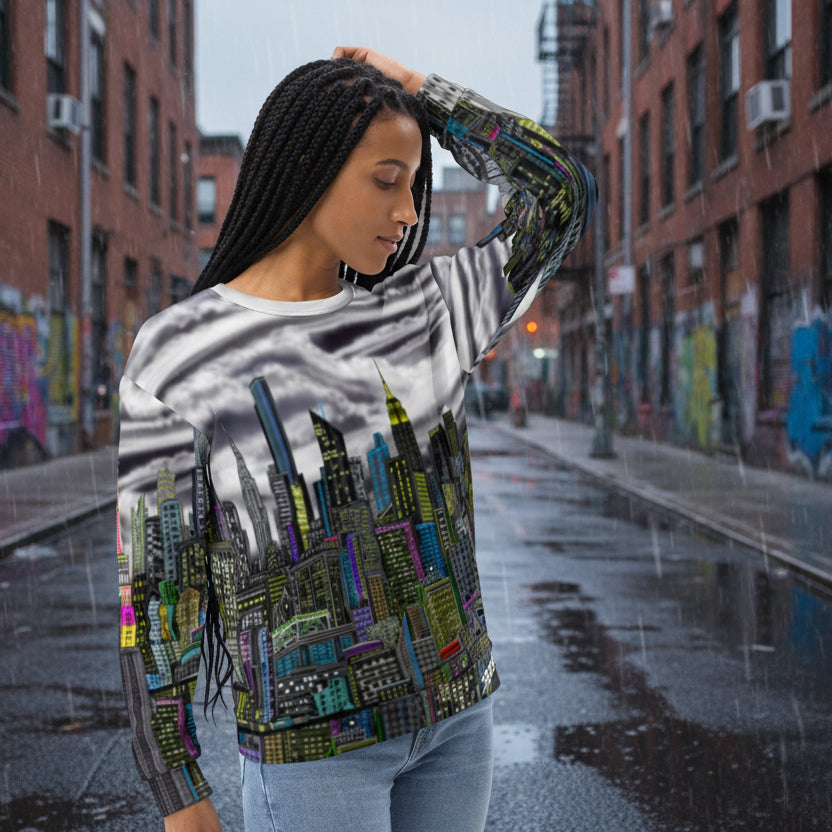 Woman wearing a colorful cityscape sweatshirt on a white background