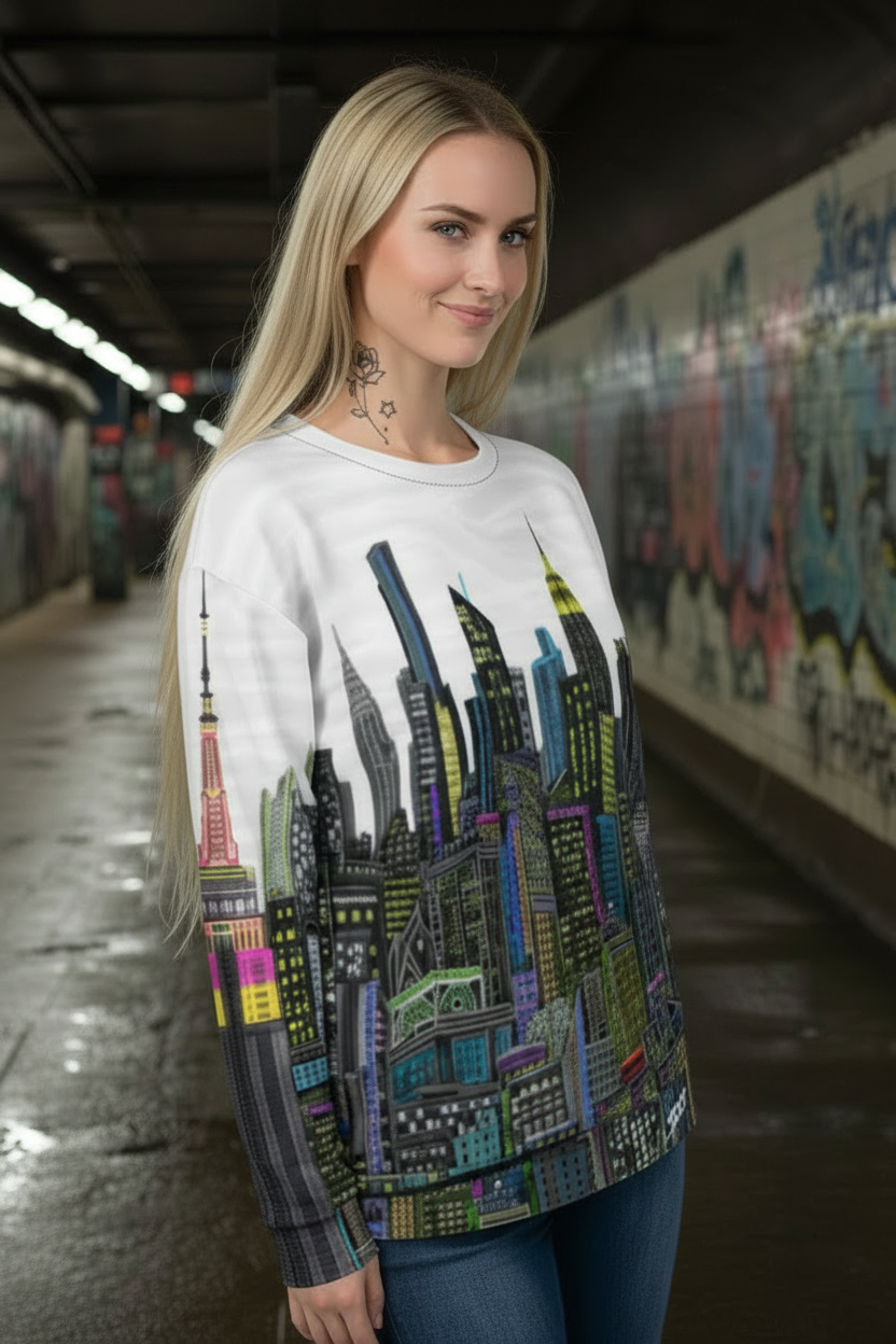 Woman wearing a colorful sweater with cityscape Loria NYC Art design in a subway setting