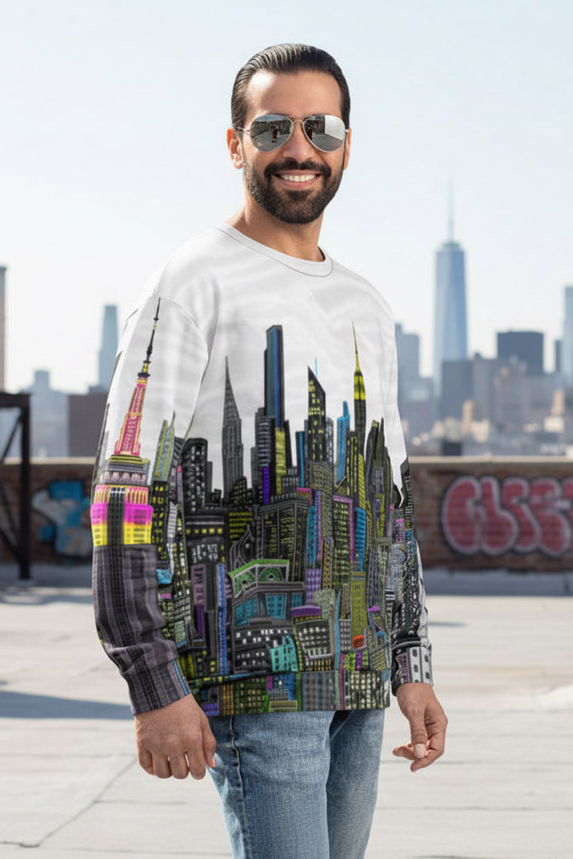 Man wearing a colorful Loria NYC Art cityscape sweat shirt on a rooftop with a city skyline in the background
