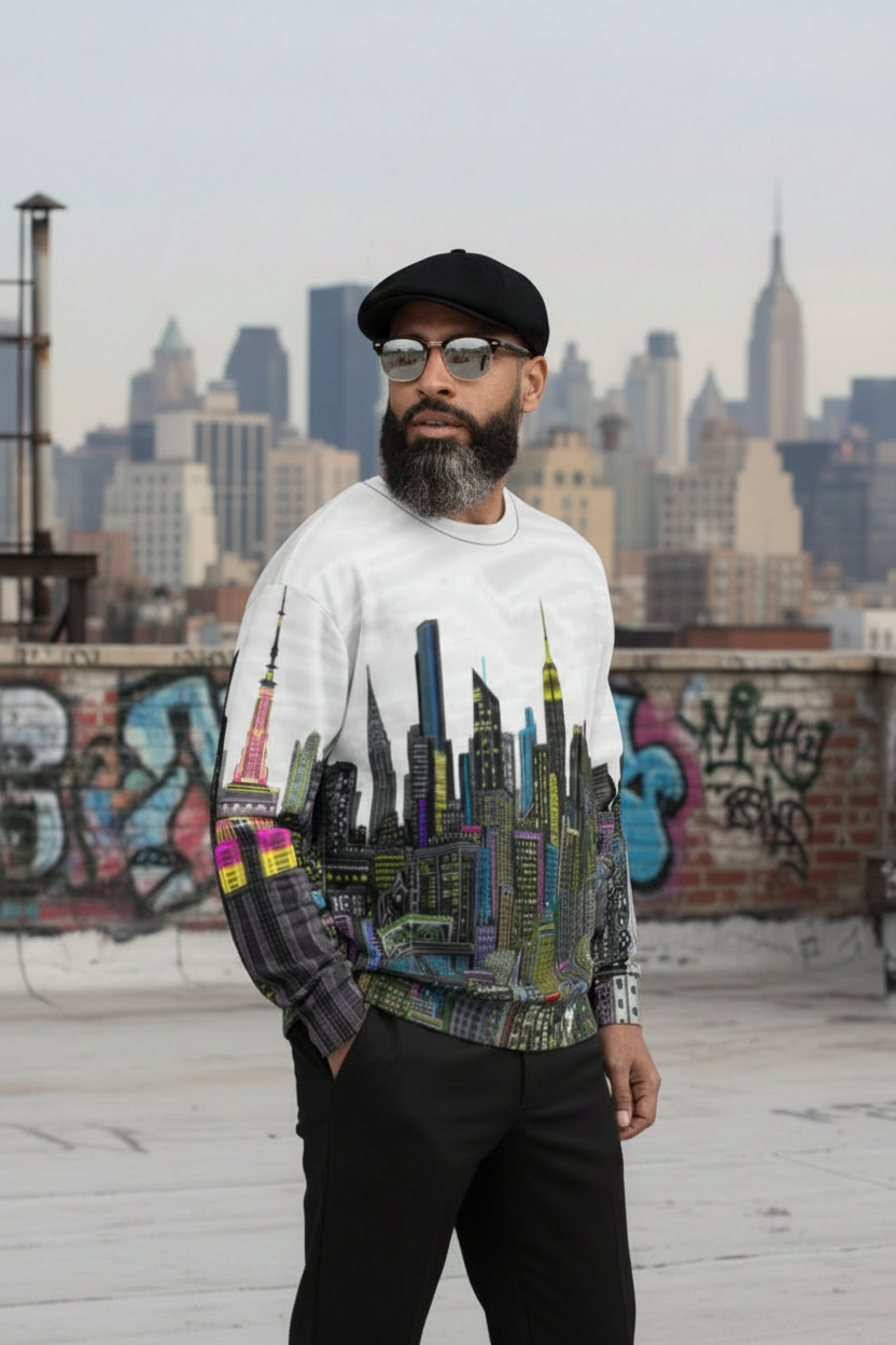 Man wearing a sweater with a cityscape Loria NYC Art design on a rooftop with graffiti and skyline in the background