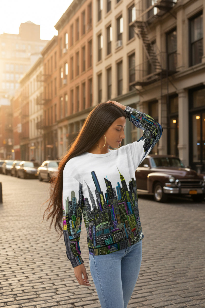 Woman wearing a sweatshirt with a cityscape Loria NYC Art design on a urban background