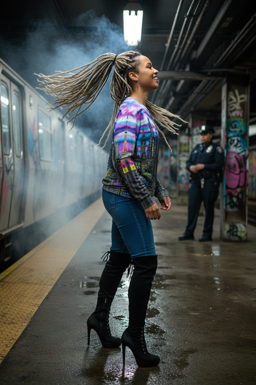 Woman with long braided hair standing on a subway platform, wearing a colorful Loria NYC Art sweatshirt and high heels.