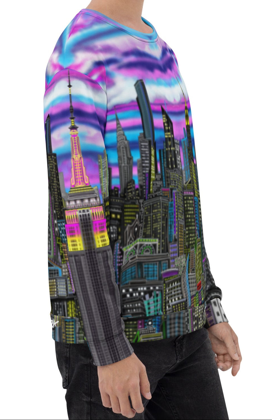 Side of Man wearing a colorful sweat shirt design by Loria NYC Art with a cityscape design on a white background