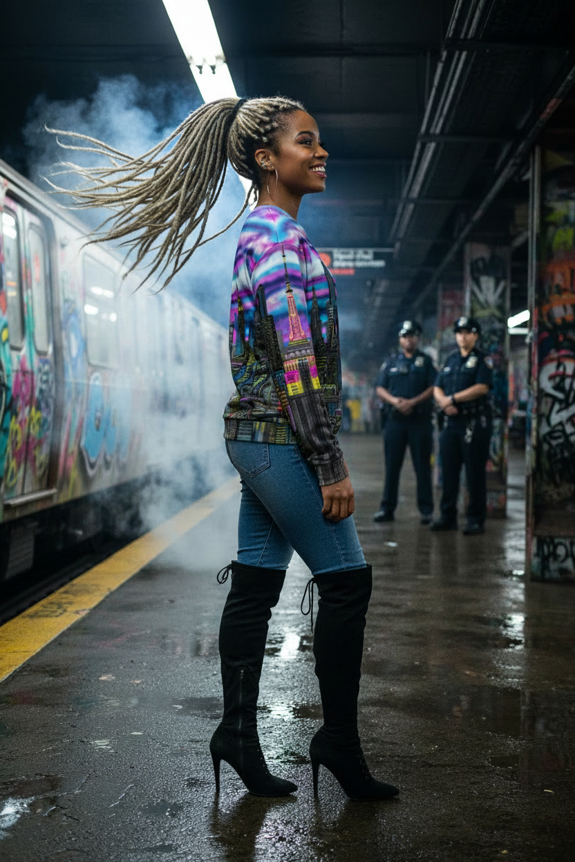Woman in colorful Loria NYC Art sweatshirt and jeans standing on a subway platform with police officers in the background