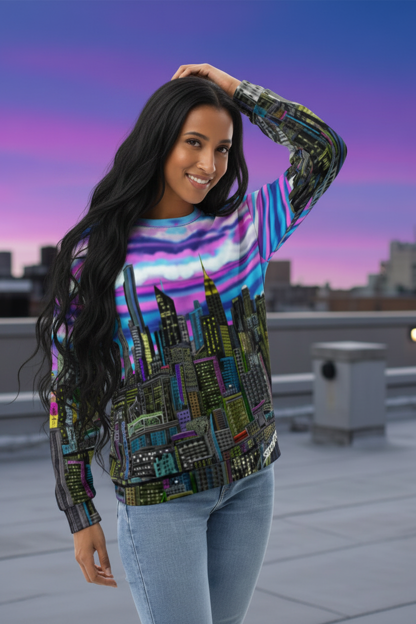 Woman wearing a colorful sweater with cityscape Loria NYC Art design on a rooftop at sunset.