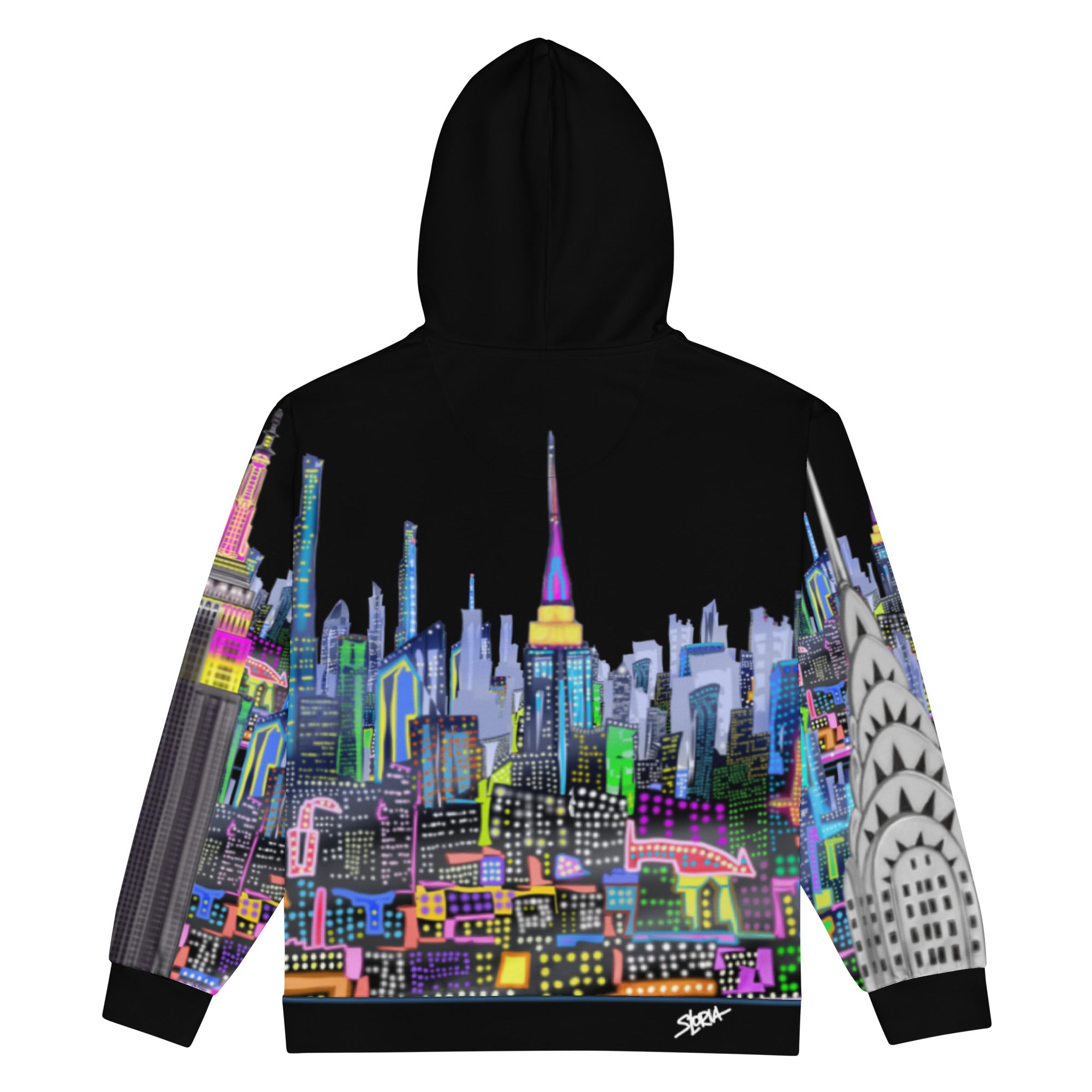 Back of Black hoodie with colorful cityscape design by Loria NYC Art on a white background