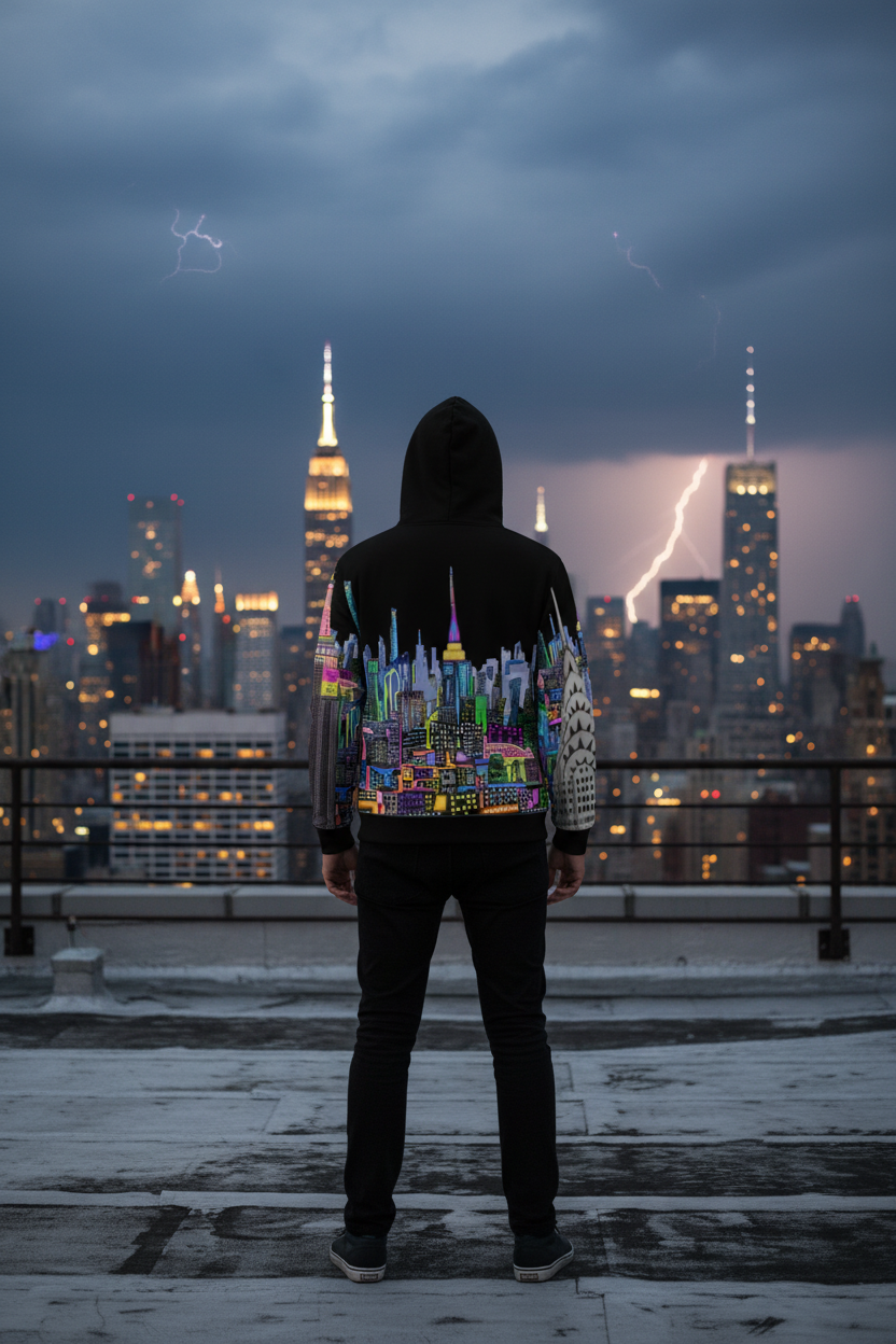 Person wearing a colorful Loria NYC Art hoodie with a cityscape design, standing on a rooftop with a dark, stormy sky and lightning over a city skyline.