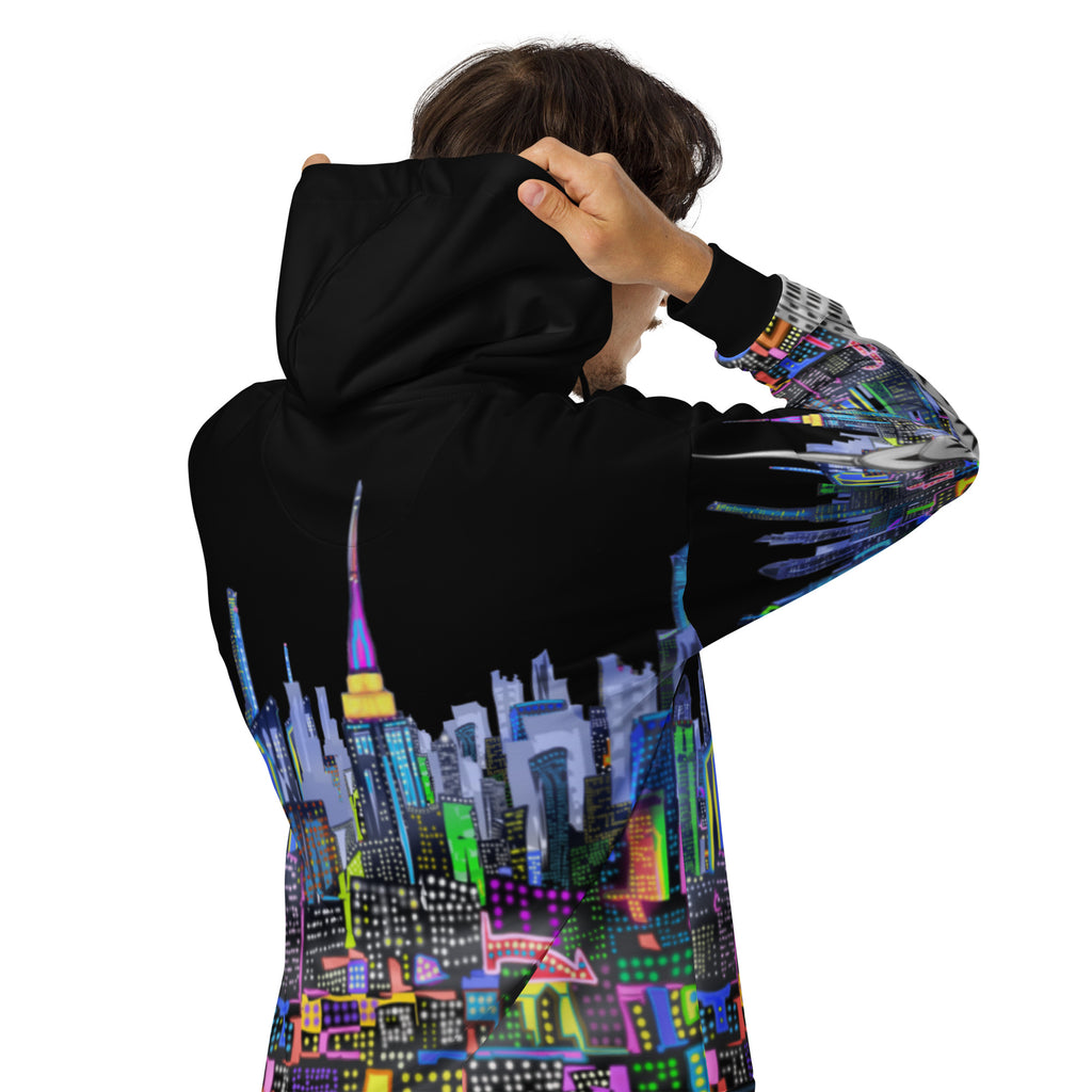 Hood shown on Black hoodie with colorful cityscape design by Loria NYC Art on a white background