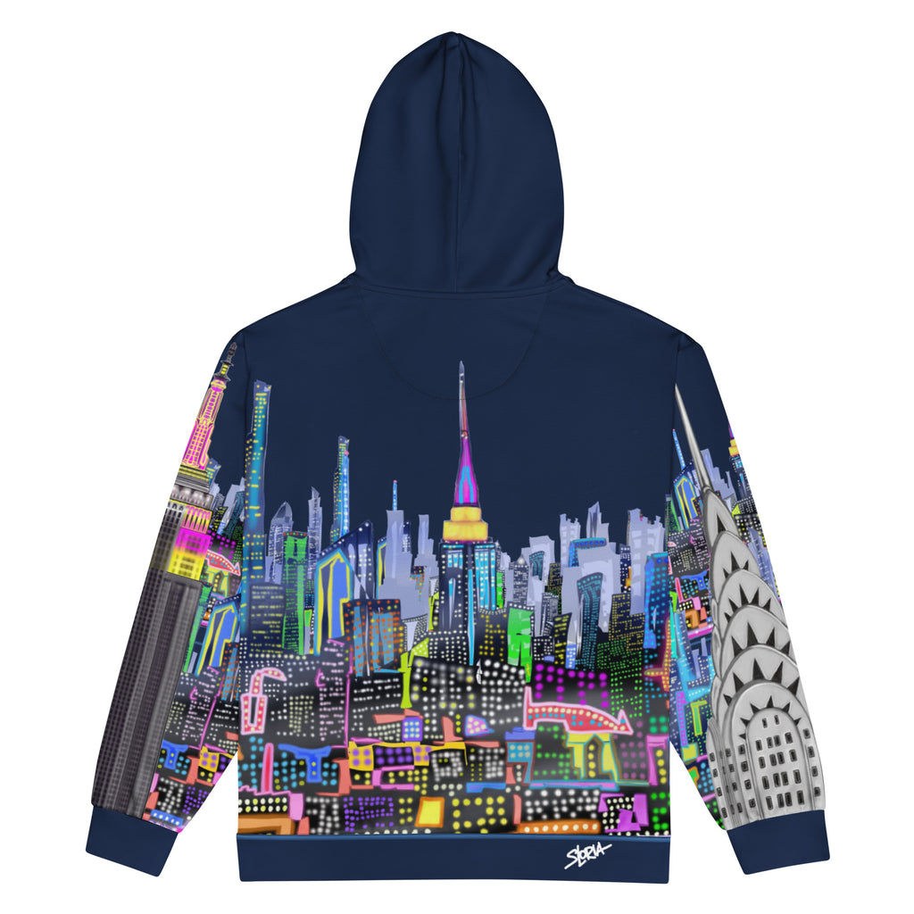 Back of Hoodie with colorful cityscape design by Loria NYC Art on a white background