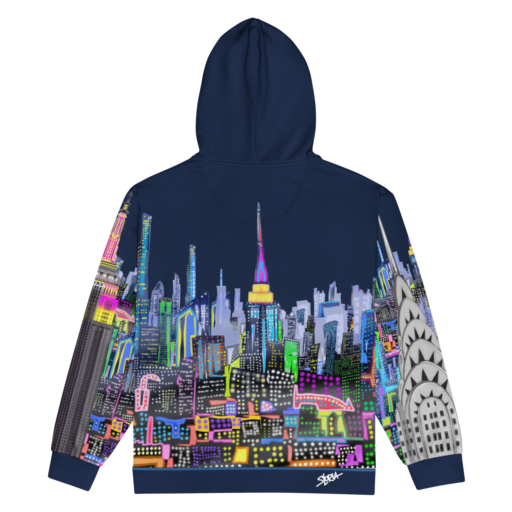 Back of Hoodie with colorful cityscape design by Loria NYC Art on a white background