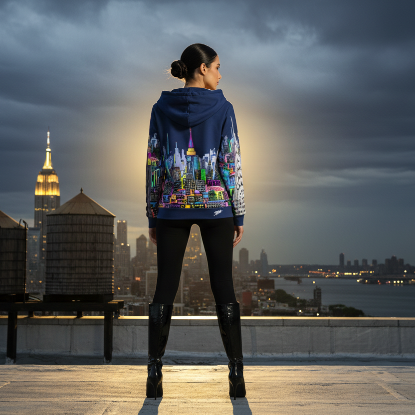 Person wearing a colorful hoodie design by Loria NYC Art with cityscape design, standing on a rooftop with a city skyline and body of water in the background.