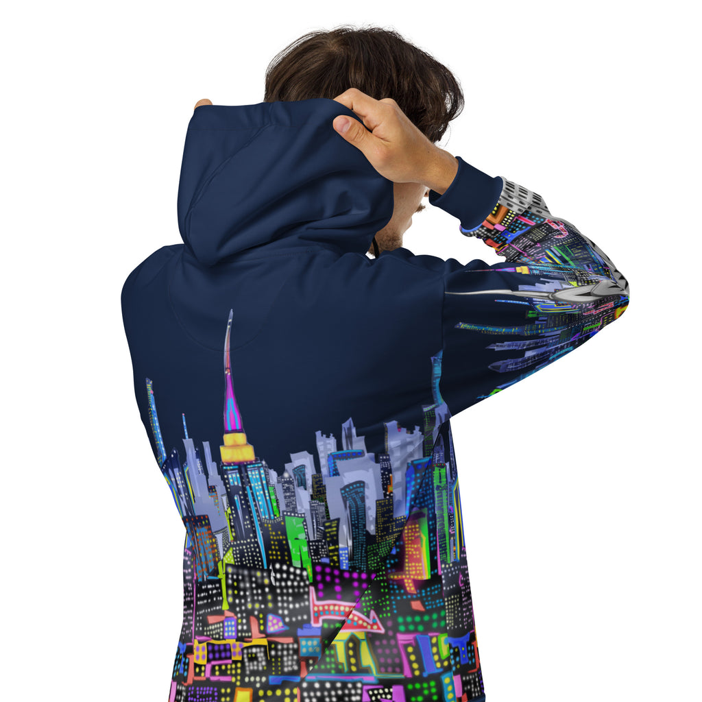 Person wearing a hoodie with a colorful cityscape design by Loria NYC Art on a white background 