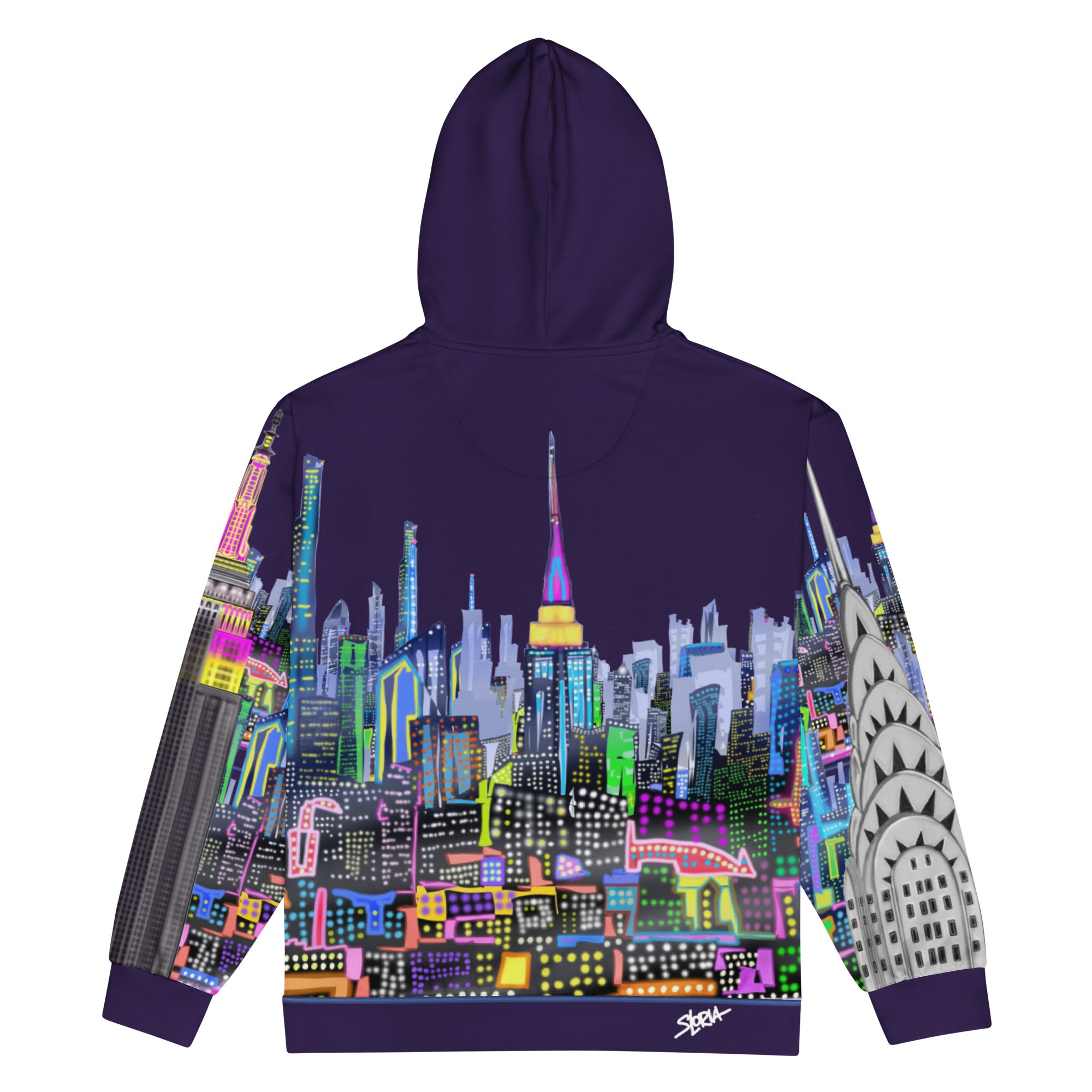 Hoodie with a colorful cityscape Loria NYC Art design on the back, featuring iconic buildings.