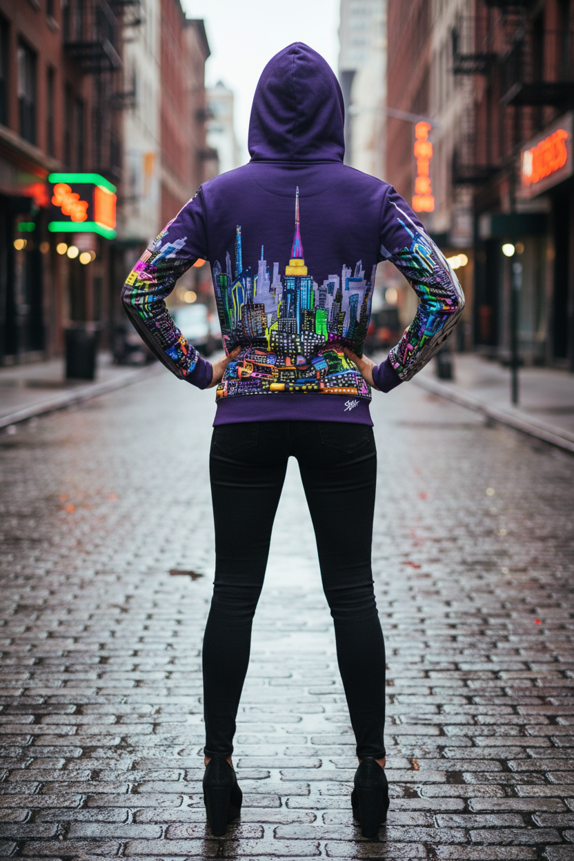 Person wearing a colorful hoodie with a cityscape Loria NYC Art design on a city street.