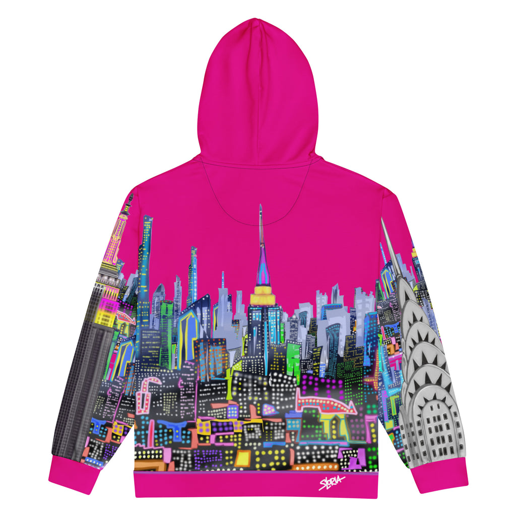 Back of Pink fuchsia hoodie with colorful cityscape Loria NYC Art design on a white background