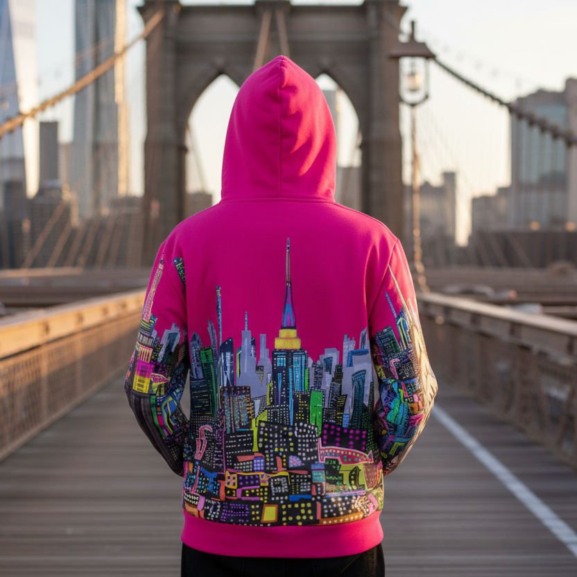 Person wearing a pink fuchsia hoodie with a colorful Loria NYC Art cityscape design on a bridge with a city skyline in the background.