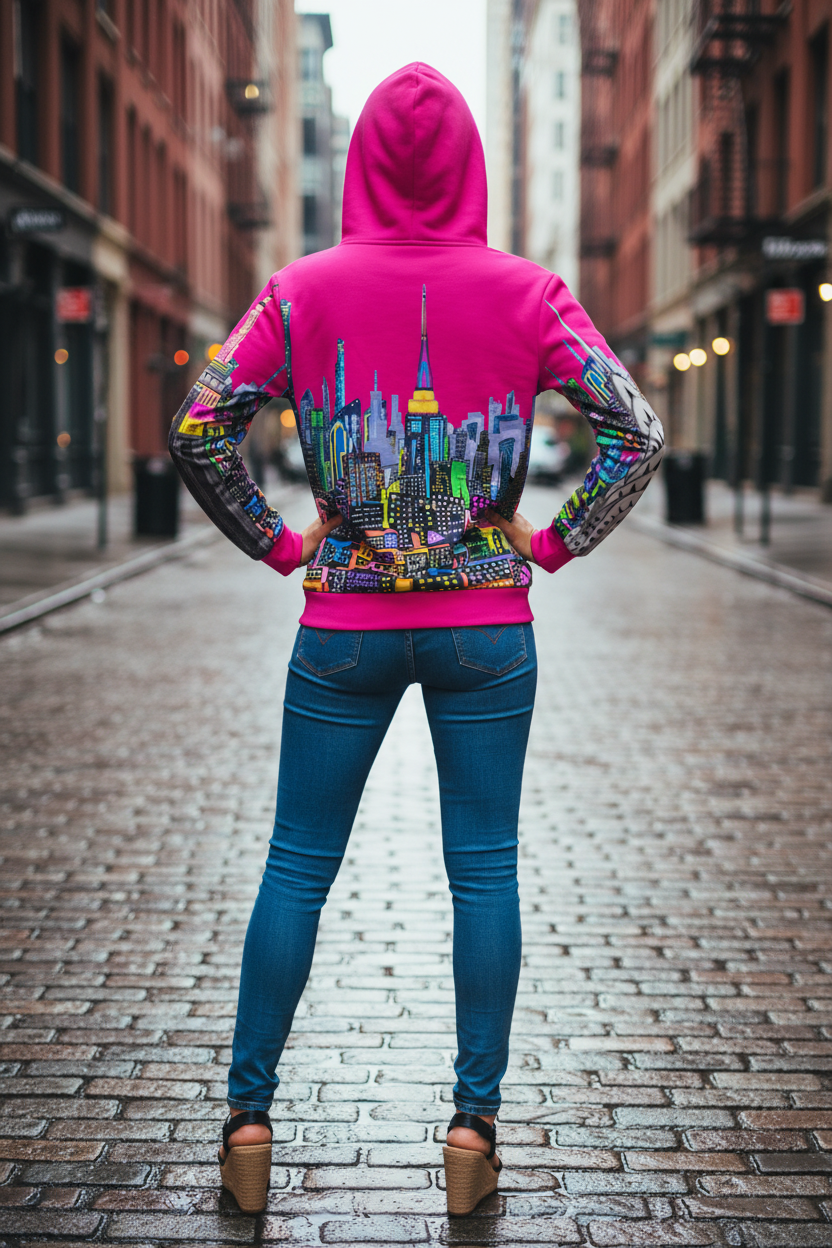 Person wearing a pink hoodie with a colorful Loria NYC Art cityscape design on a city street.
