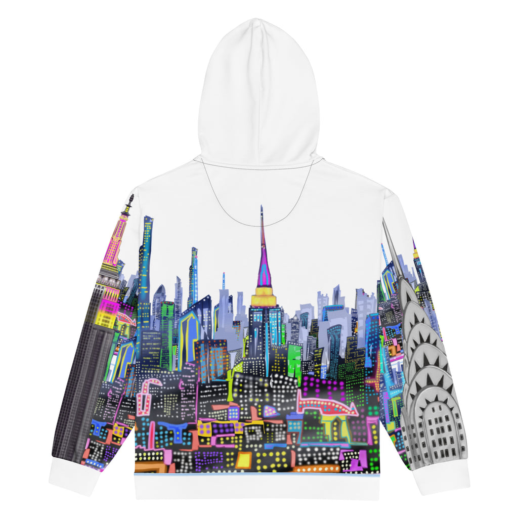 Back of White hoodie with  Loria NYC Art colorful cityscape design on a white background