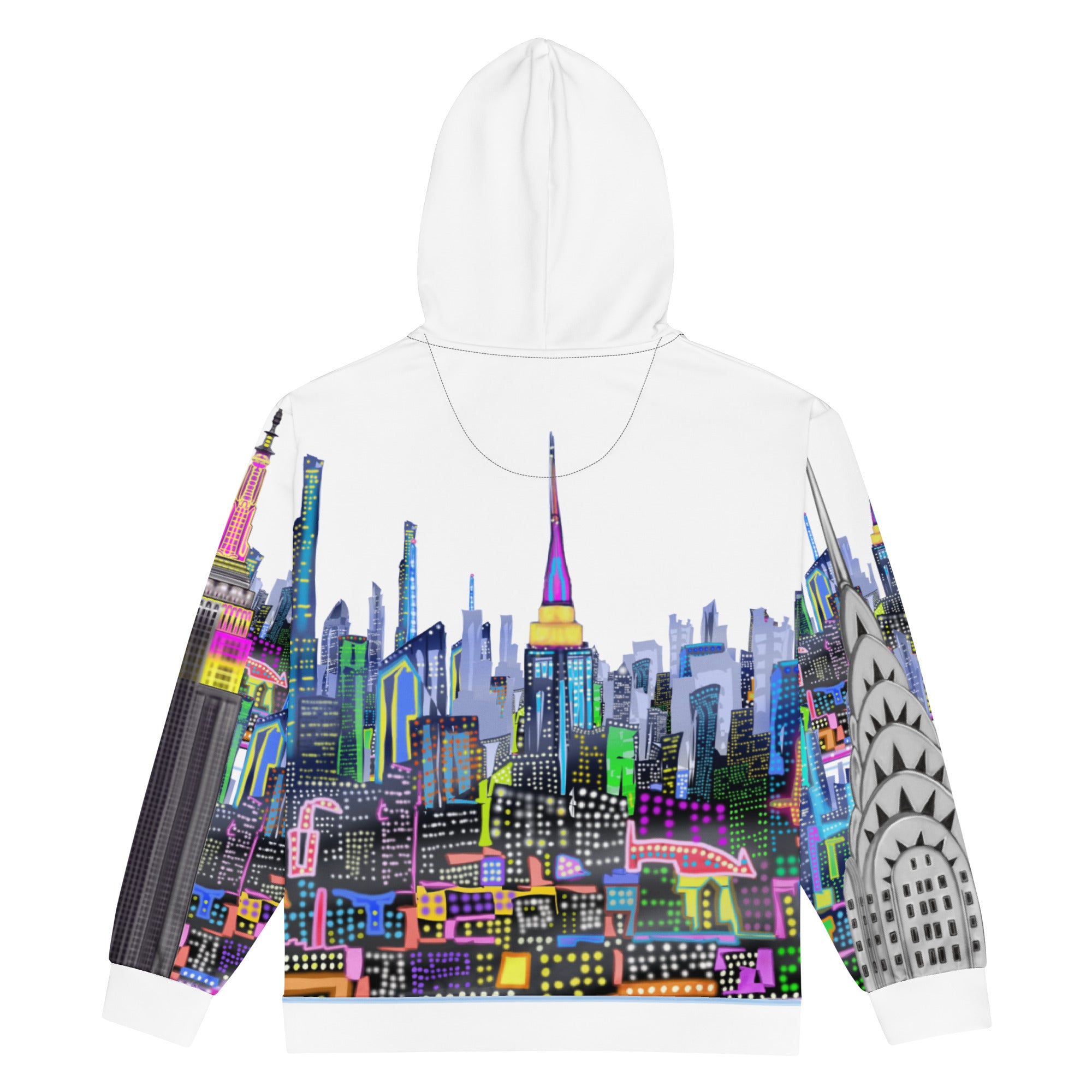Back of White hoodie with  Loria NYC Art colorful cityscape design on a white background